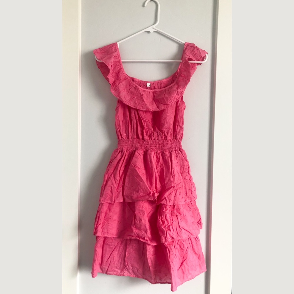 Ruffle Trim Shirred Waist Layer Hem Eyelet Embroidered Dress | Womens XS (2)